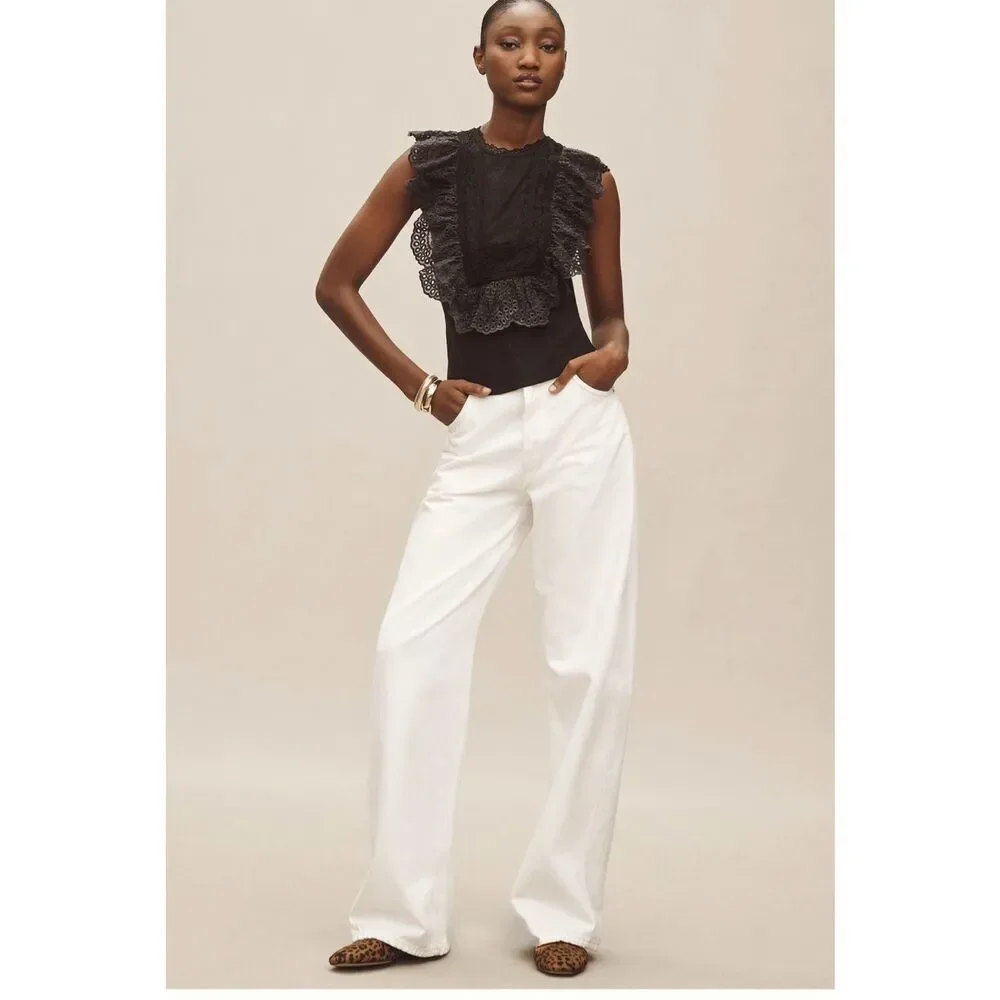By Anthropologie Eyelet Ruffle Black Bib Tank